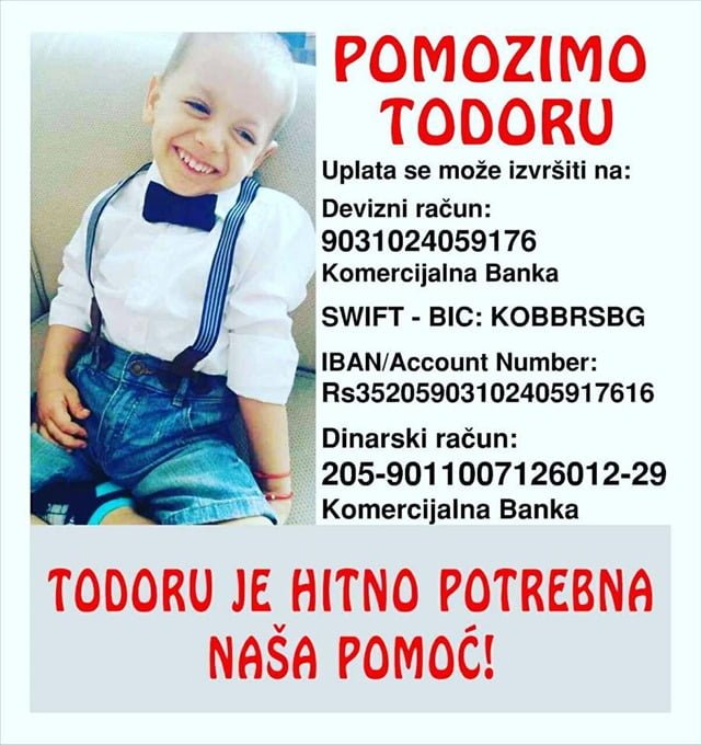 Todor je rođen u Kraljevu kao zdravo dete, posle par sati po rođenju dolazi do komplikacija sa disanjem. Uz niz komplikacija i pogrešnih dijagnoza dolazi do sve goreg stanja. Todor ne sedi samostalno, ne hoda, ne priča, hrani se preko stome za hranjenje, ali je svestan svog okruženja,&nbsp; veseo je i veliki je borac.&nbsp; Sa 6 godina dobija konačnu dijagnozu -&nbsp; Cerebralnu patalizu. Tražeći način da poboljša stanje deteta, došlo se do klinike MEDICENT BADEN u Beču i Dr. Georg S. Kobinia koji nam daje nadu&nbsp; transplatacijom matičnih ćelija.