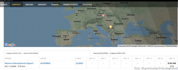Flightradar24 KVO - VIE najava leta